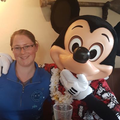 Posing with Mickey at breakfast at the Polynesian Village Resort