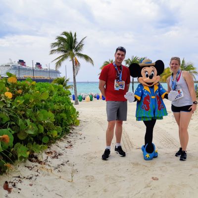 Posing with Minnie Mouse after running the 5km Castaway Cay race with my husband on Disney's private island in the Bahamas. 