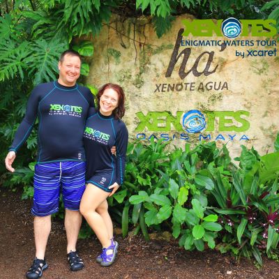 My husband and I on an adventure at Xcaret Mexico Zenotes