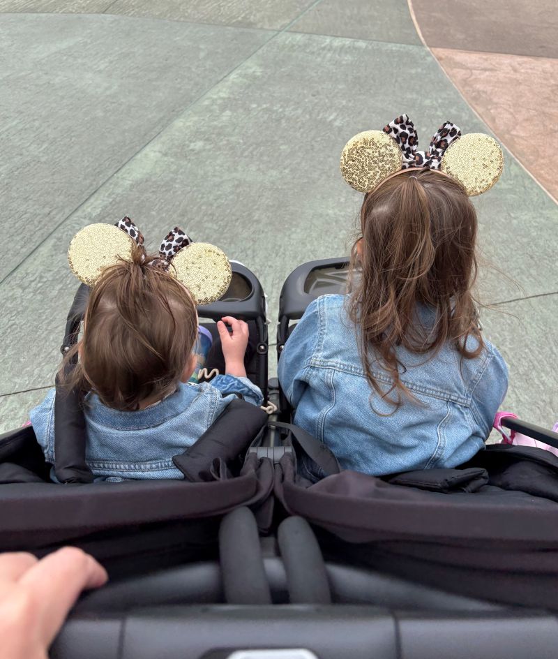 Toddlers in stroller with Mickey ears