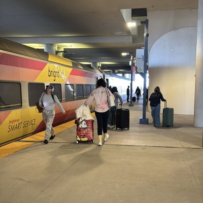 Brightline train at Orlando station platform before departure to Fort Lauderdale