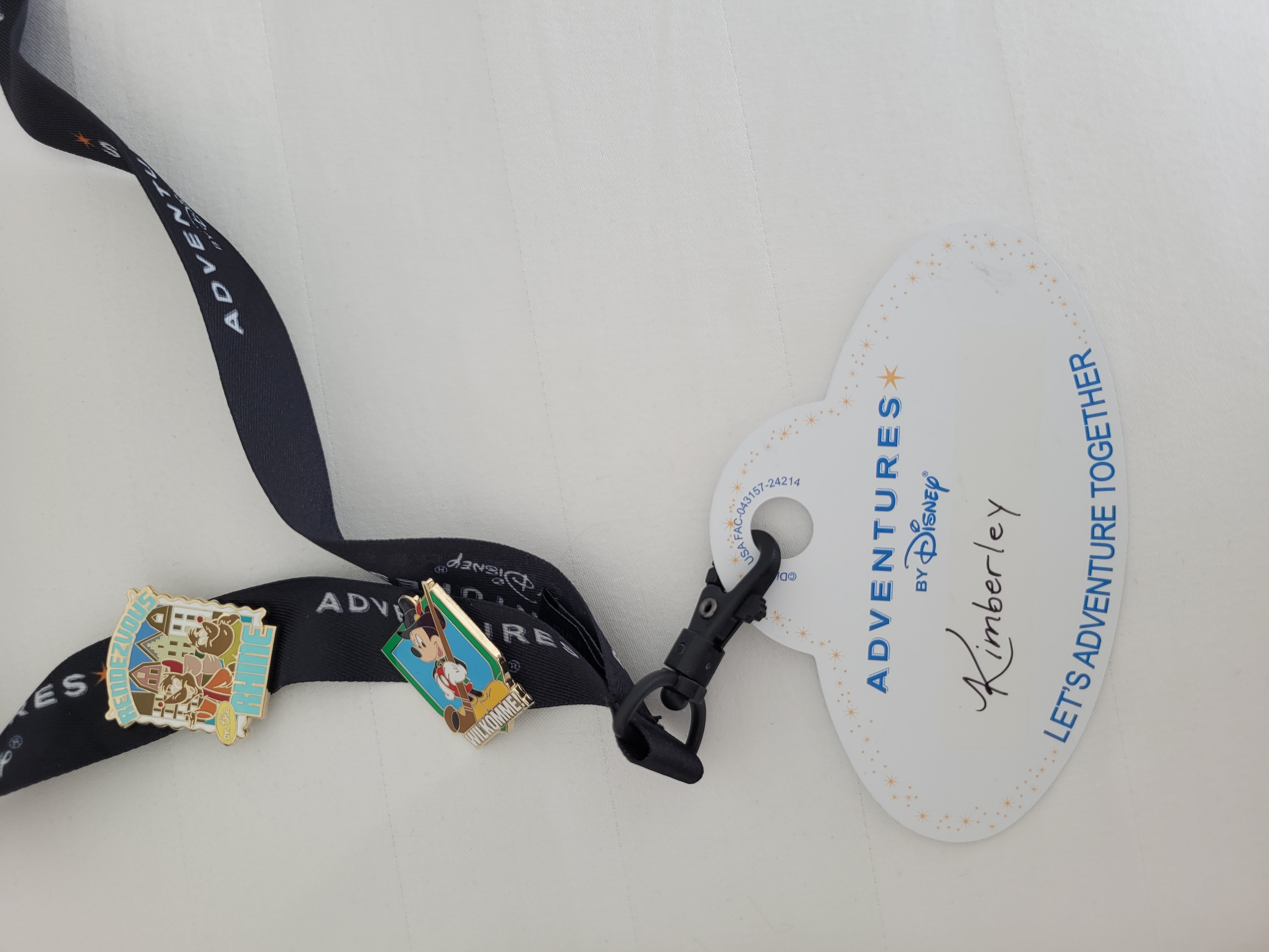 Close-up of an Adventures by Disney name badge, lanyard and commemorative pins on a white surface.