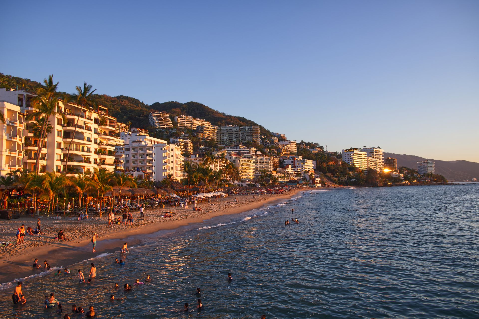 Puerto Vallarta beachfront with swimmers, palm trees and hillside hotels at sunset.